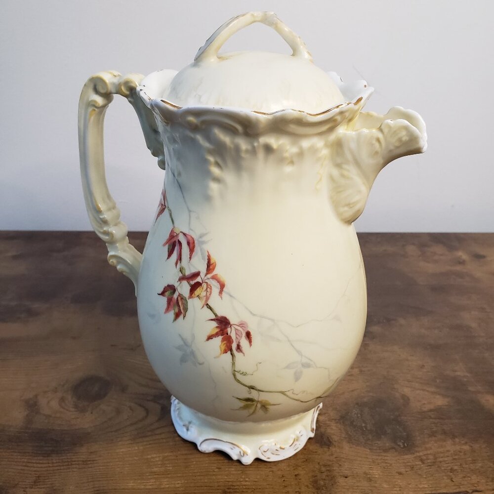 Antique Limoges France Cream Chocolate Pitcher Pot Handpainted Floral Botanical